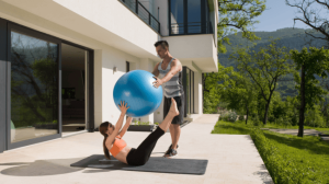 A private personal trainer assisting a client workout with a giant exercise ball