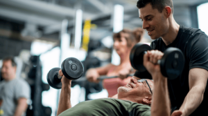 A personal trainer assisting an old man lifting dumbbells