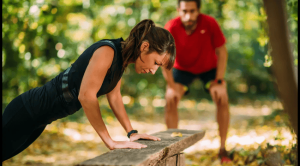 A woman doing pushups on a wooden bench