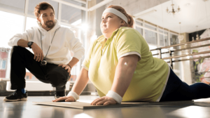 A fat lady doing weight loss training